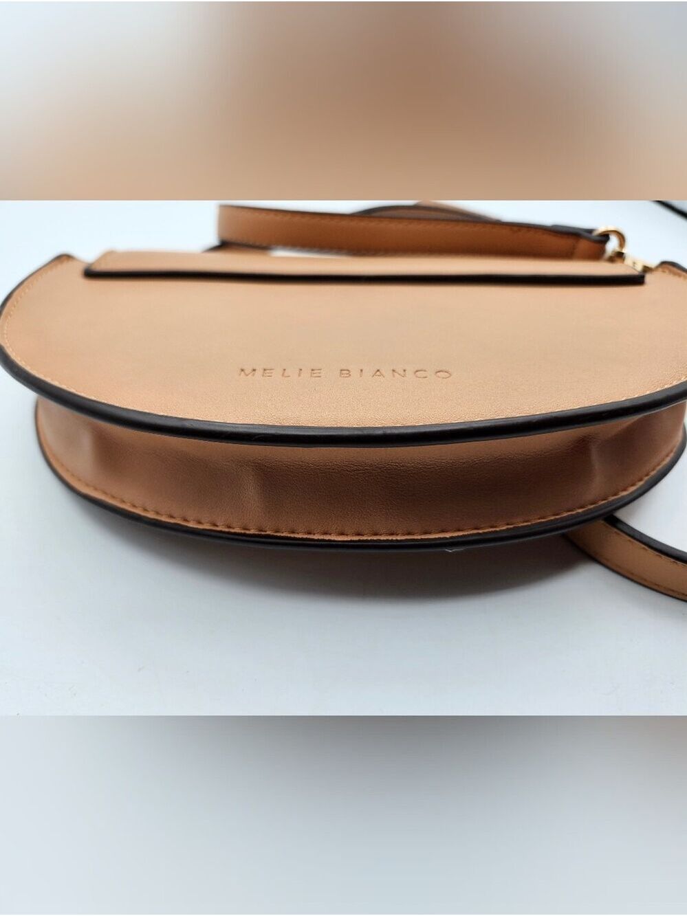 Melie Bianco Anthropologie Tan Crescent Saddle Crossbody NWOT - Picture 5 of 8